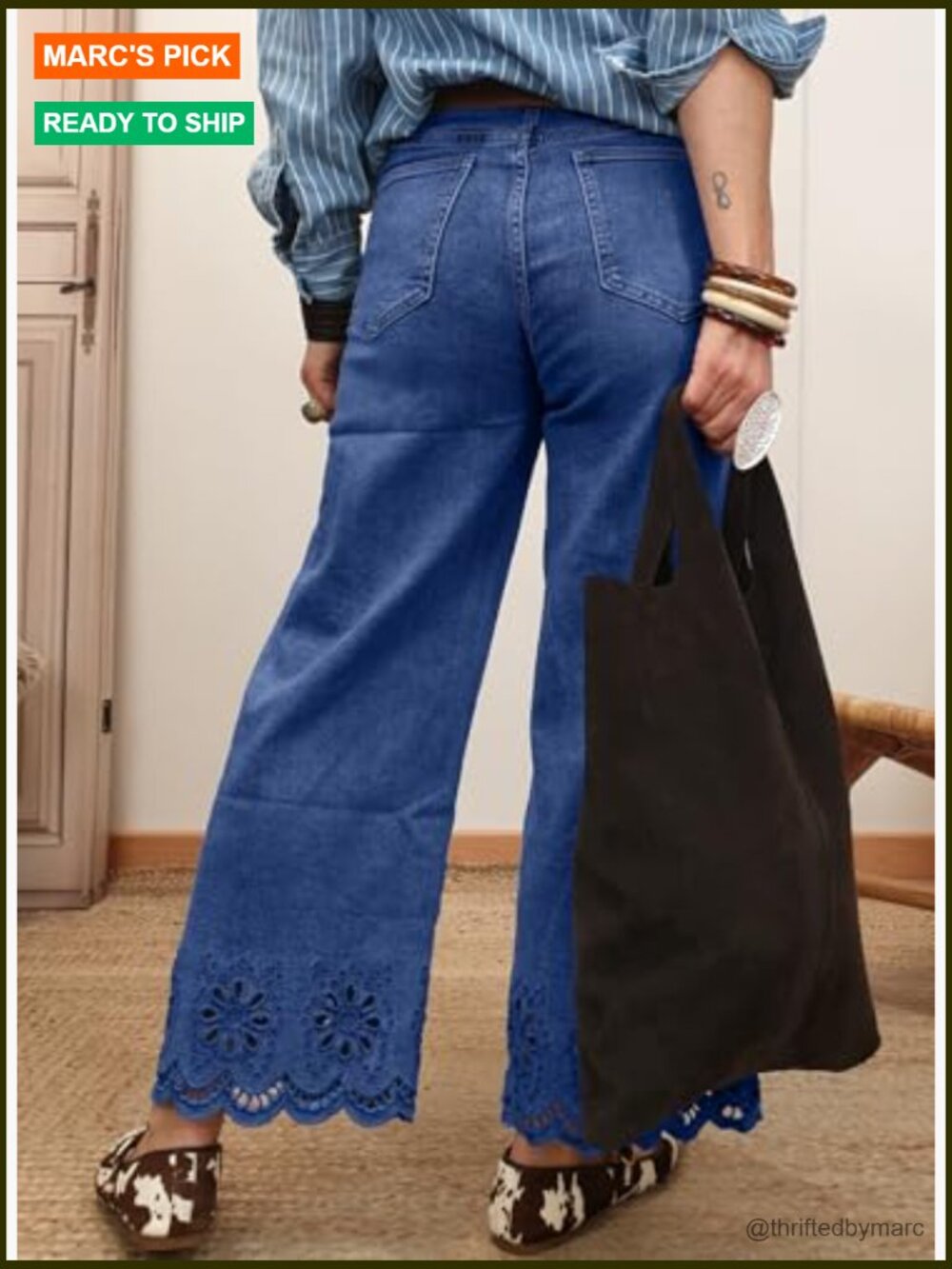 Wide Leg Embroidered Jeans High Waisted Stretchy Straight Loose Fit Ankle Denim - Picture 2 of 7
